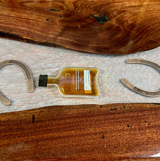 Handcrafted Black Walnut Charcuterie Board with White Resin, Bourbon, Horseshoe & Bridle Bit Center: A Toast to Kentucky Tradition