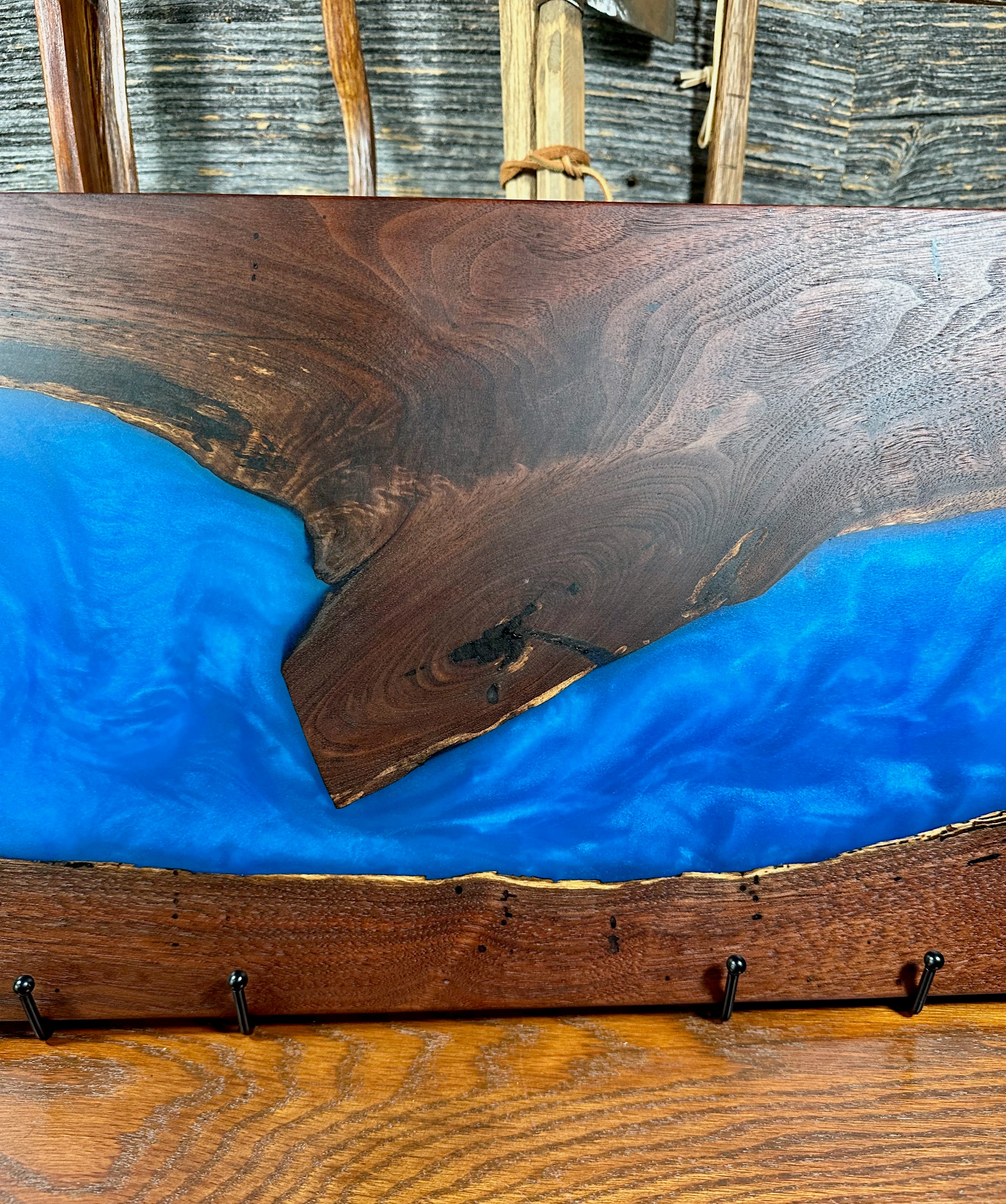 Handcrafted Black Walnut Charcuterie Board with Aqua Resin Center with Feet