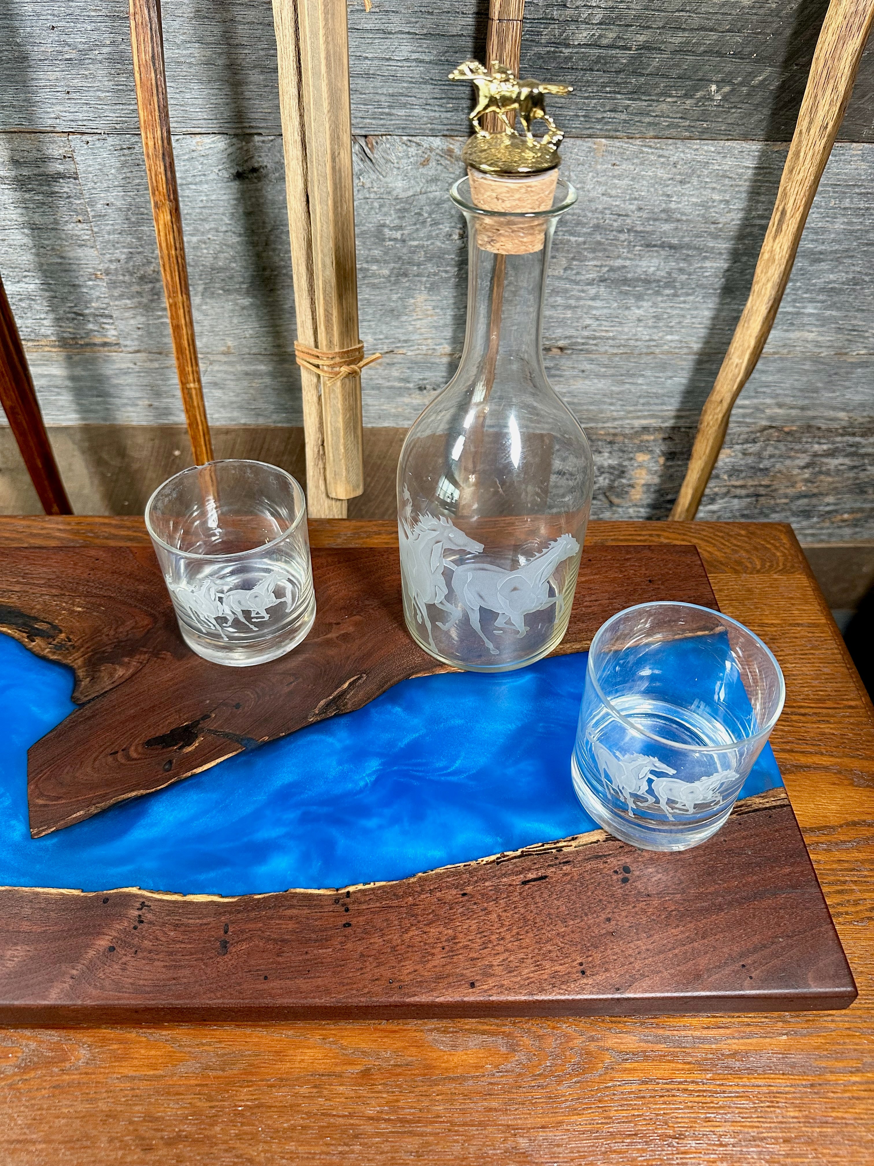 Handcrafted Black Walnut Charcuterie Board with Aqua Resin Center with Feet