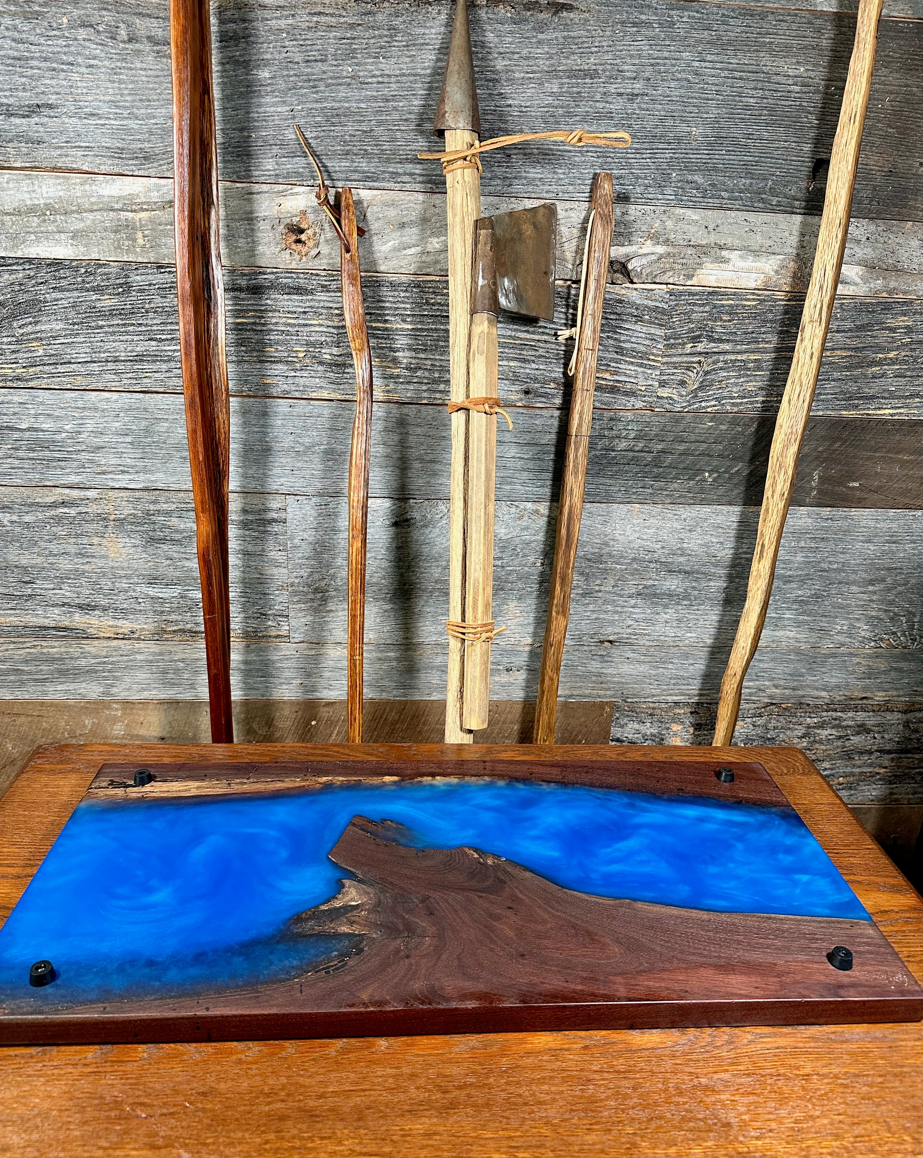 Handcrafted Black Walnut Charcuterie Board with Aqua Resin Center with Feet