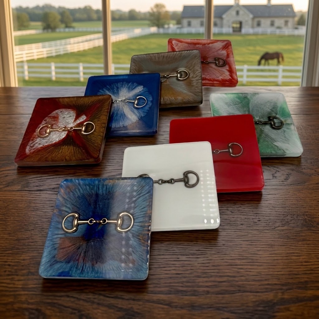 Handcrafted Square Resin Coasters with Bridle Bit (Snaffle Bite) inlay – Set of 4