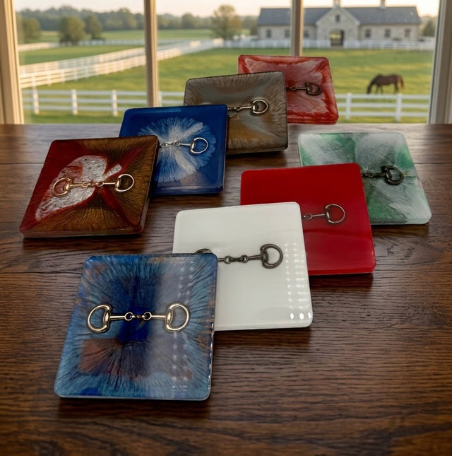 Handcrafted Square Resin Coasters with Bridle Bit (Snaffle Bite) inlay – Set of 4