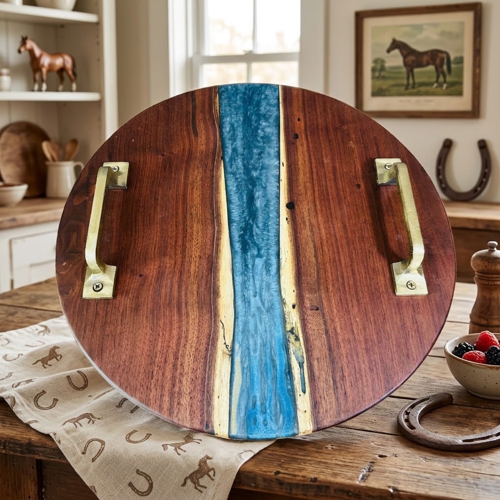 Handcrafted Round Live Edge Black Walnut Resin River Tray with Handles - Serving tray