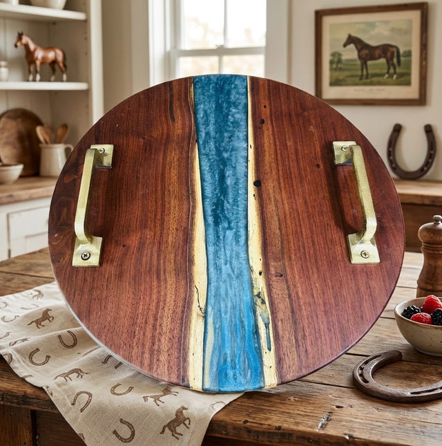 Handcrafted Round Live Edge Black Walnut Resin River Tray with Handles - Serving tray