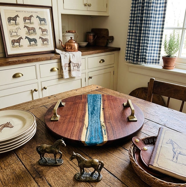 Handcrafted Round Live Edge Black Walnut Resin River Tray with Handles - Serving tray