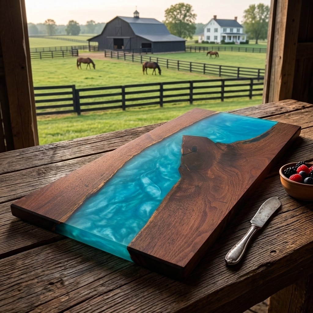 Handcrafted Live Edge Black Walnut & Ocean Blue Epoxy River Board