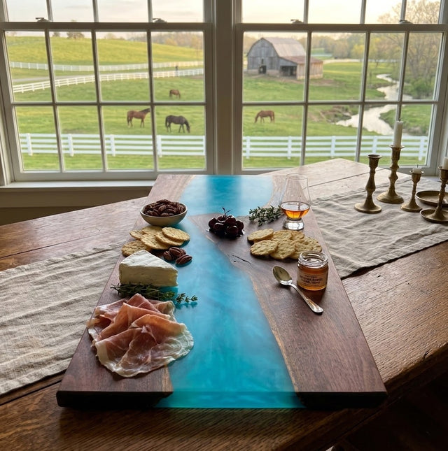 Handcrafted Live Edge Black Walnut & Ocean Blue Epoxy River Board
