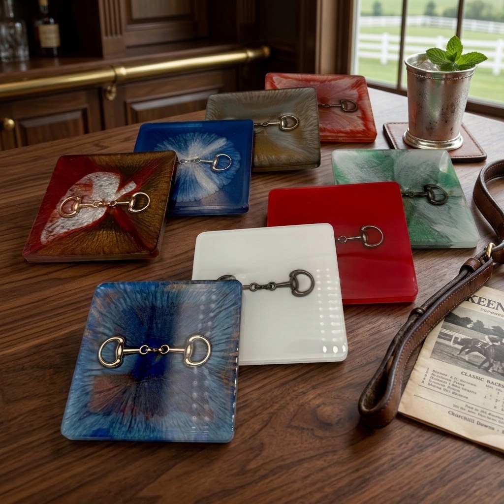Handcrafted Square Resin Coasters with Bridle Bit (Snaffle Bite) inlay – Set of 4