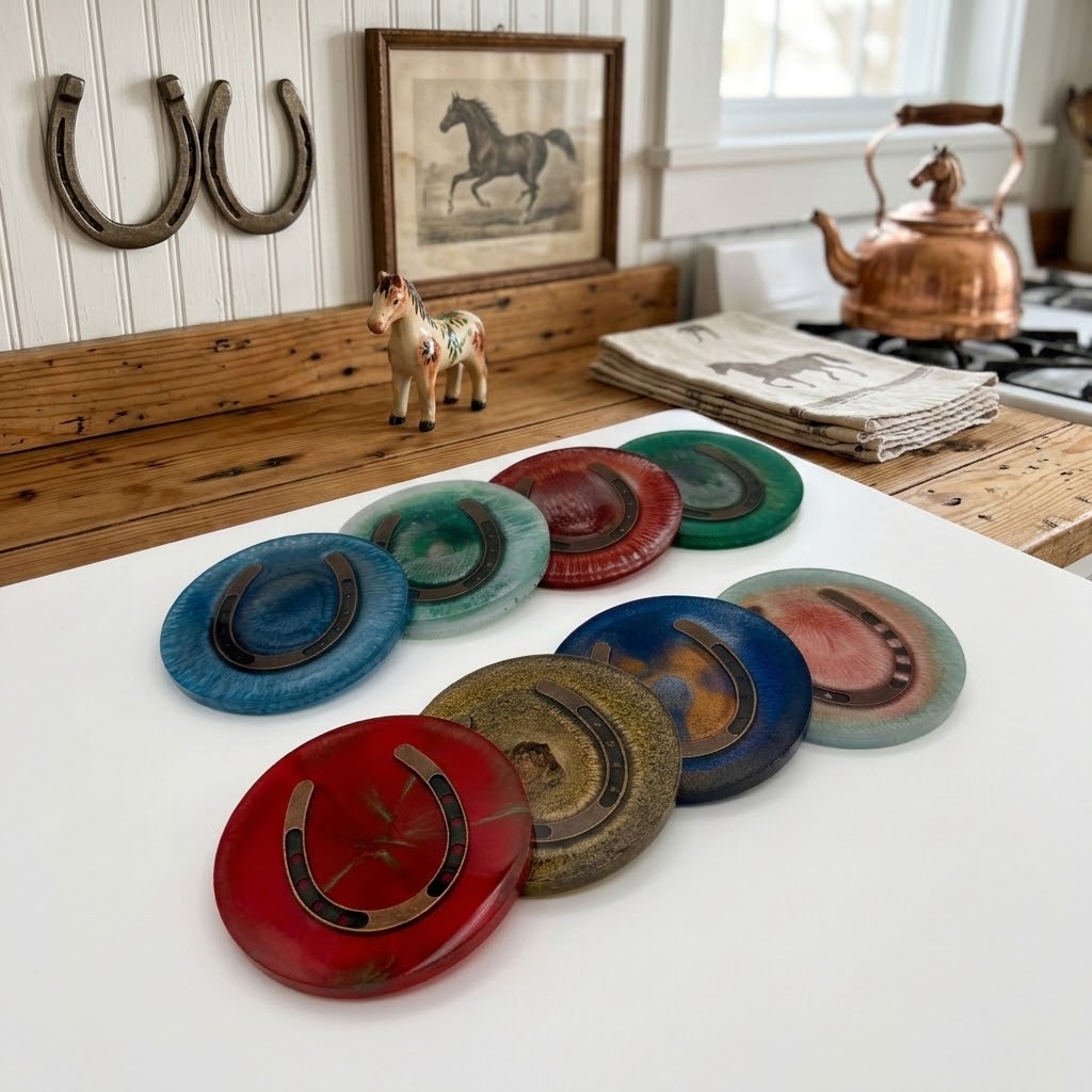 Handcrafted Round Equestrian Horseshoe Resin Drink Coasters – Set of 4