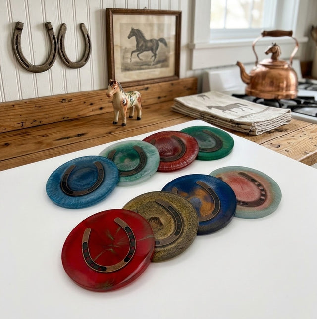 Handcrafted Round Equestrian Horseshoe Resin Drink Coasters – Set of 4