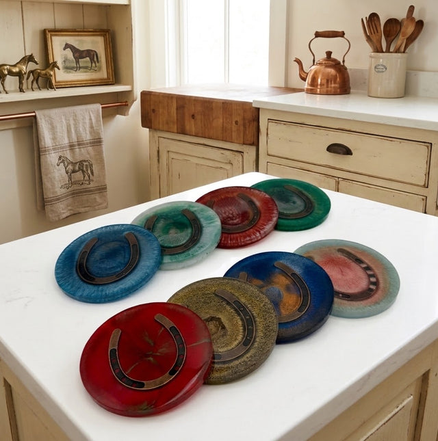 Handcrafted Round Equestrian Horseshoe Resin Drink Coasters – Set of 4