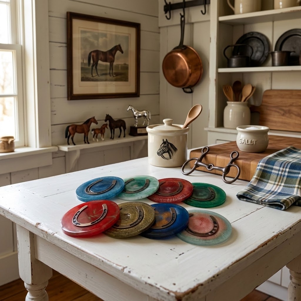 Handcrafted Round Equestrian Horseshoe Resin Drink Coasters – Set of 4