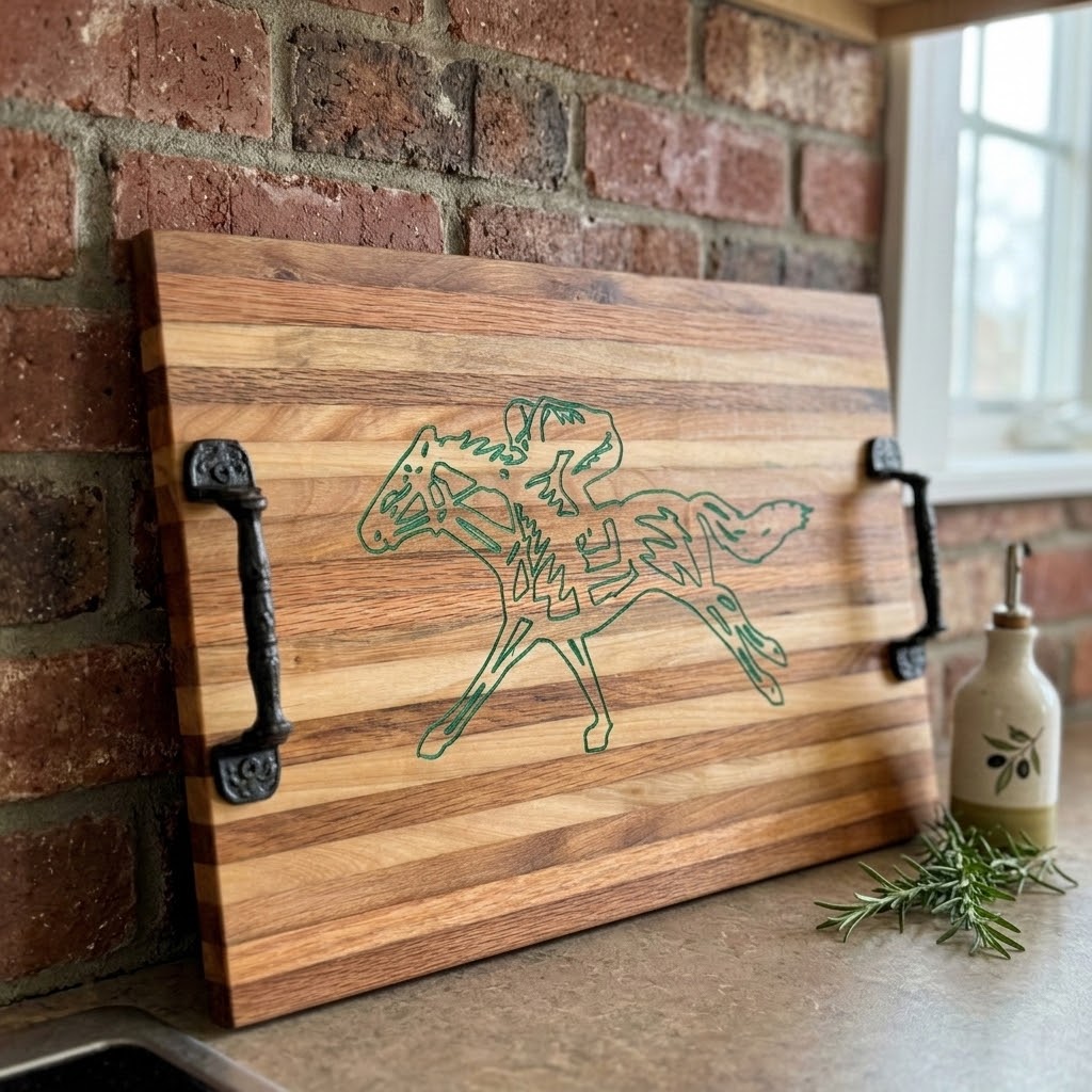 Handcrafted Equestrian Horse Racing Wooden Serving Tray & Cutting Board with Handles