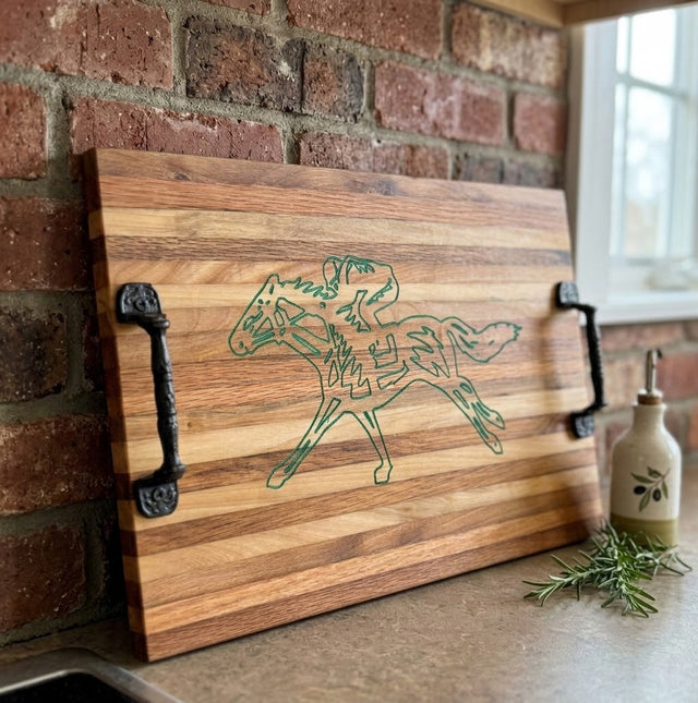 Handcrafted Equestrian Horse Racing Wooden Serving Tray & Cutting Board with Handles