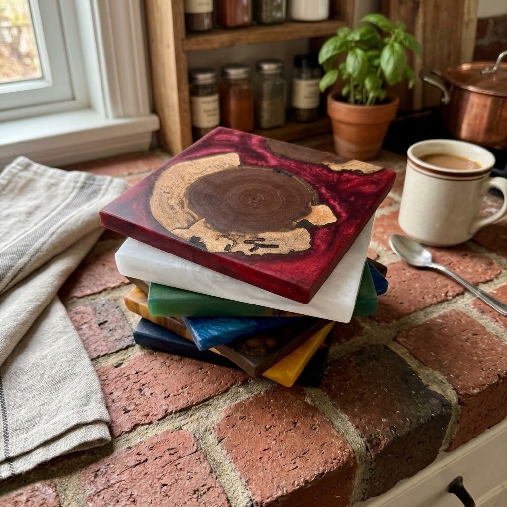 Handcrafted End Grain Wood & Epoxy Resin Coaster Set | Modern Drink Coasters -Set of 4