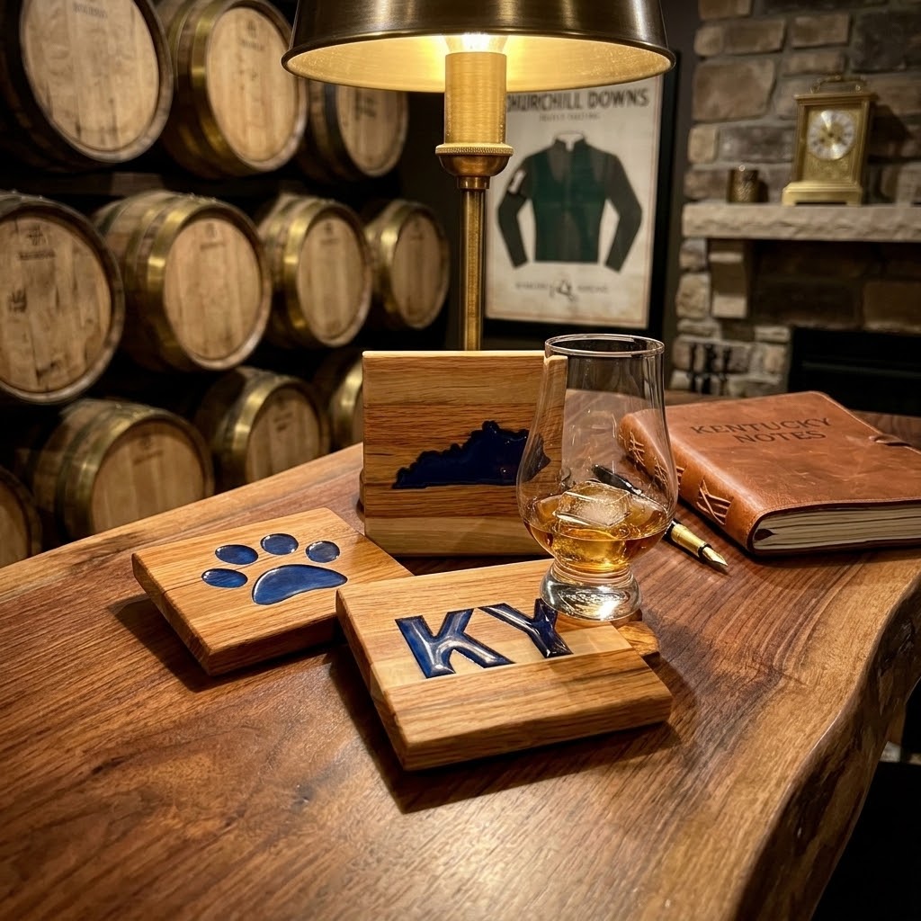 Handcrafted Reclaimed Tobacco Stick Drink Coaster with Kentucky Themed  Epoxy Inlay