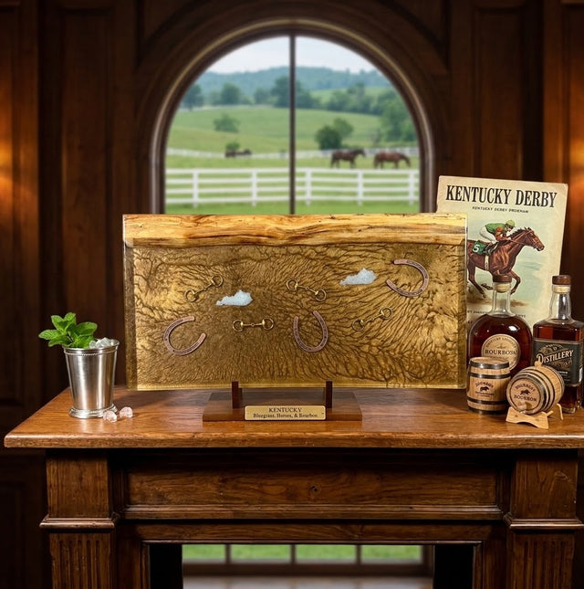 Handcrafted Live Edge Black Walnut & Amber Epoxy Charcuterie Board with Embedded Horseshoes, Snaffle Bits & Kentucky Cutouts