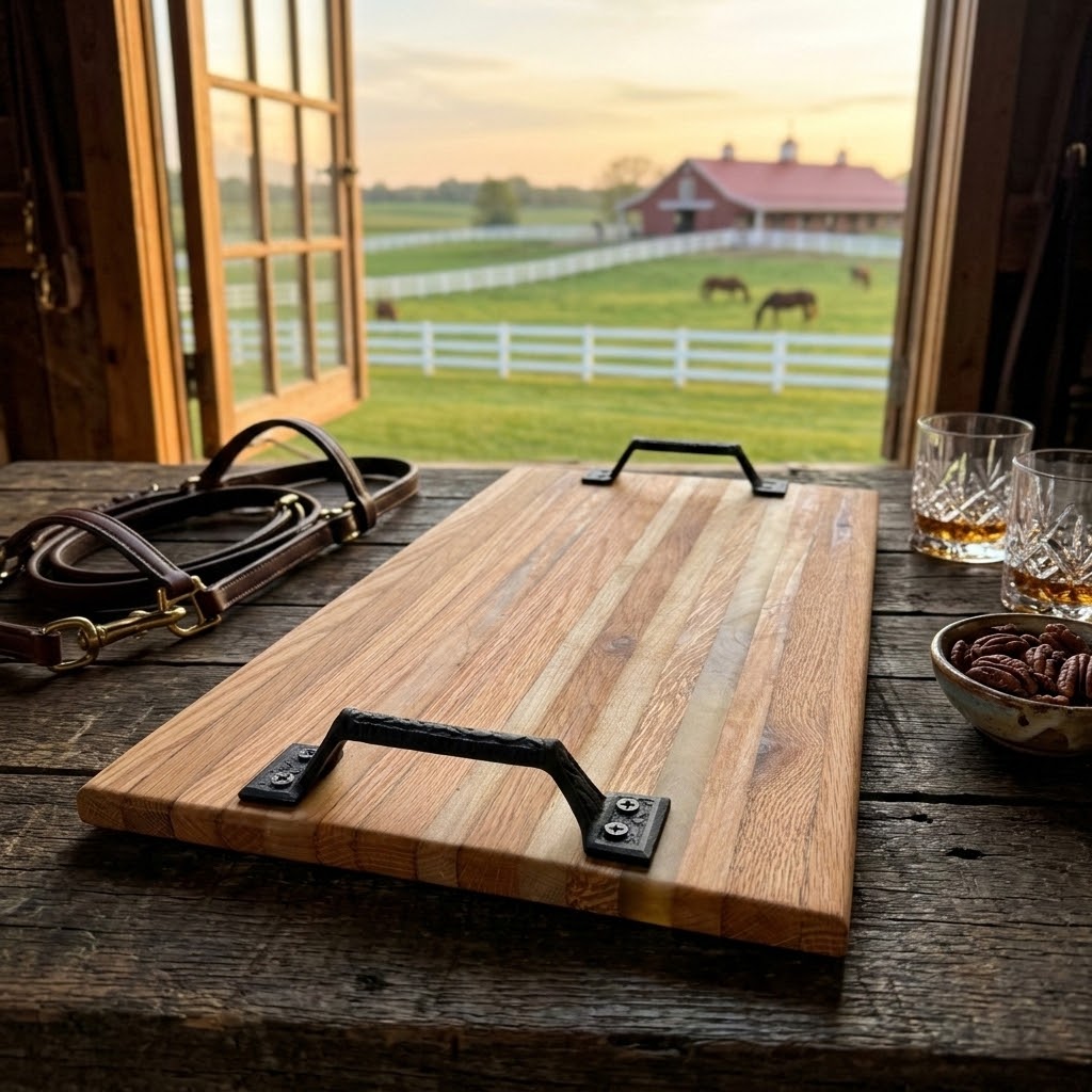 Handcrafted Reclaimed Tobacco Stick Serving Tray or Serving Board with Cast Iron Handles
