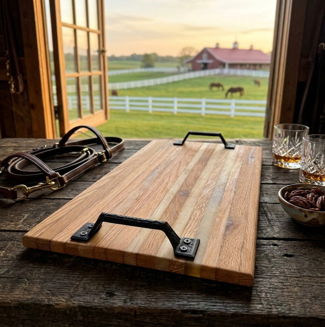 Handcrafted Reclaimed Tobacco Stick Serving Tray or Serving Board with Cast Iron Handles