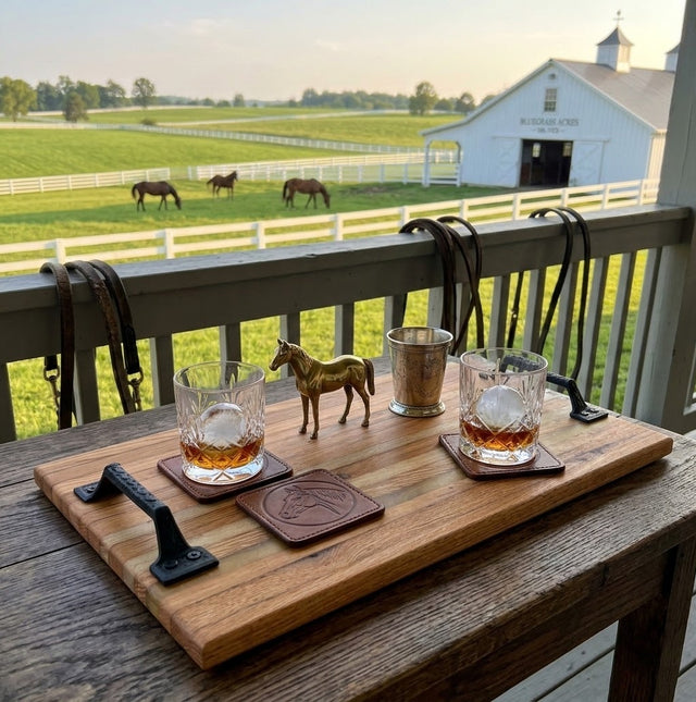 Handcrafted Reclaimed Tobacco Stick Serving Tray or Serving Board with Cast Iron Handles