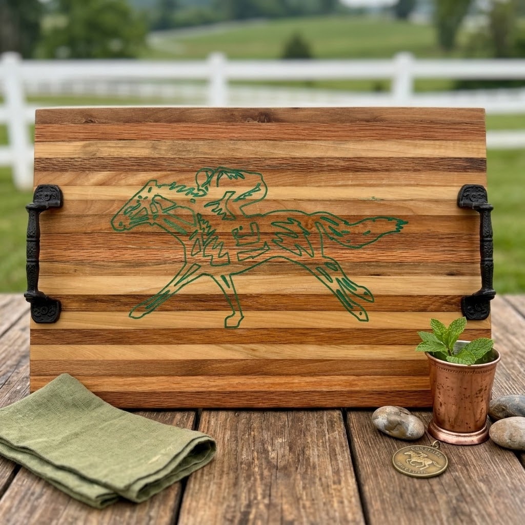 Handcrafted Equestrian Horse Racing Wooden Serving Tray & Cutting Board with Handles