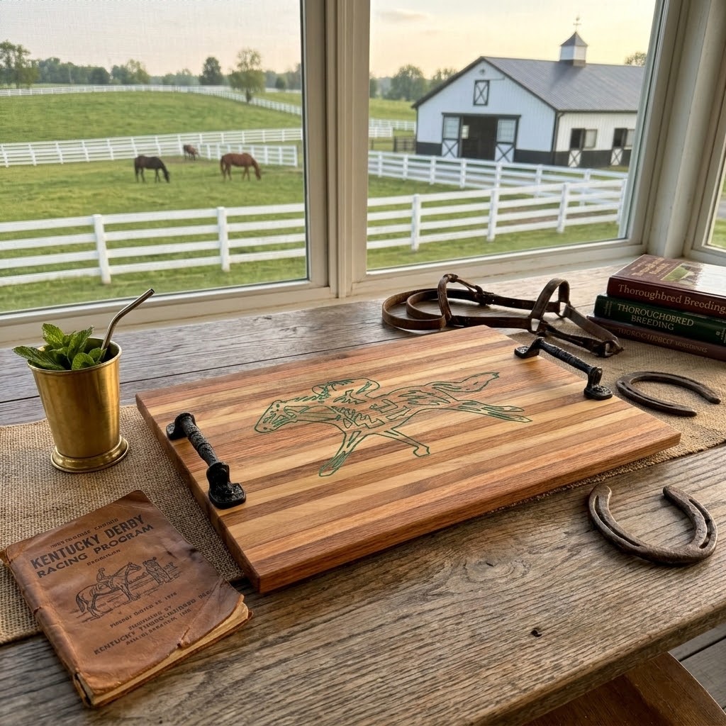 Handcrafted Equestrian Horse Racing Wooden Serving Tray & Cutting Board with Handles
