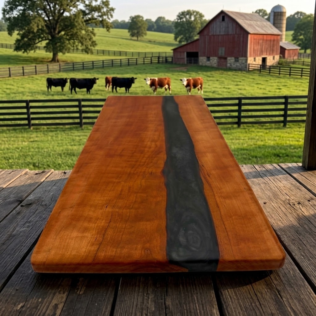 Handcrafted Live Edge Cherry with Epoxy Resin River (Black) Board