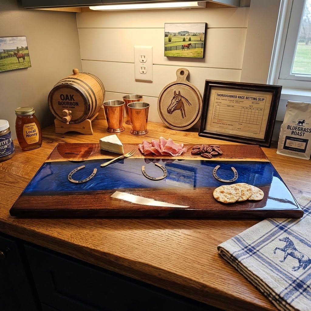 Handcrafted Live-Edge Black Walnut with Kentucky Blue Resin River Board & Inlaid Horseshoes