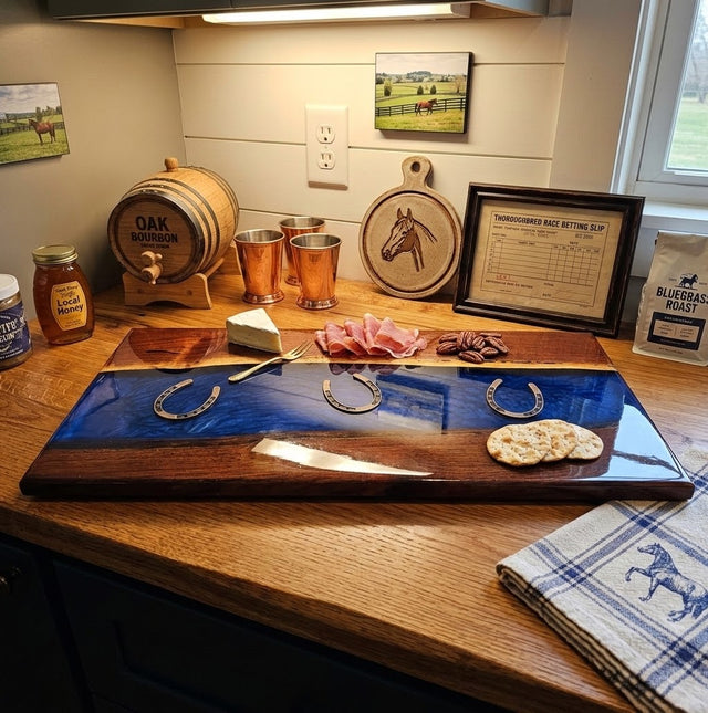 Handcrafted Live-Edge Black Walnut with Kentucky Blue Resin River Board & Inlaid Horseshoes