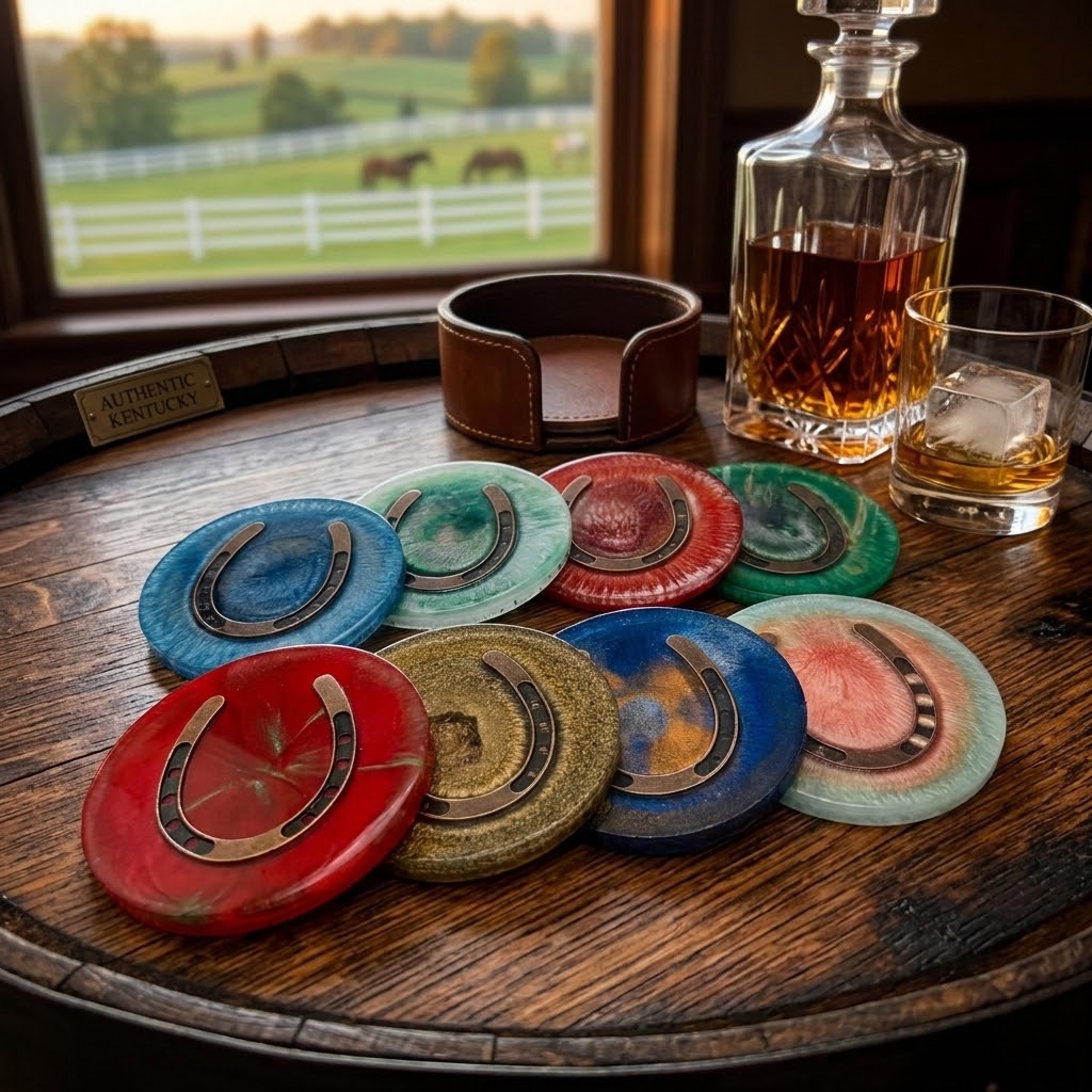Handcrafted Round Equestrian Horseshoe Resin Drink Coasters – Set of 4