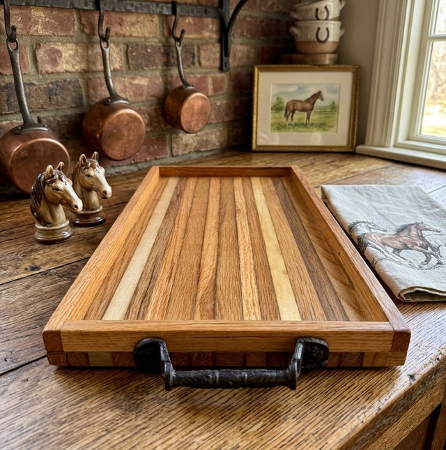 Handcrafted Reclaimed Tobacco Stick Serving Tray with Cast Iron Handles and Raised Edge