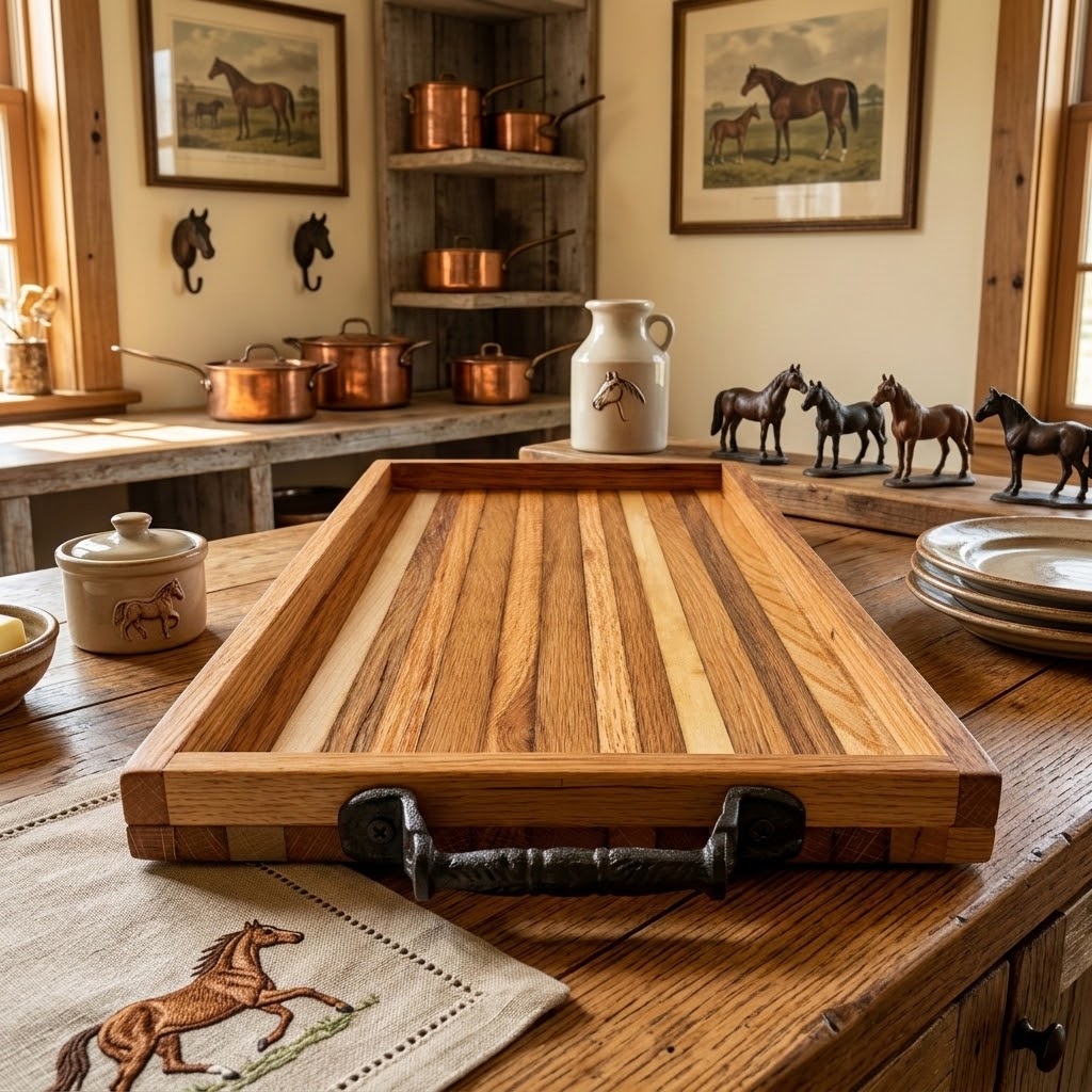 Handcrafted Reclaimed Tobacco Stick Serving Tray with Cast Iron Handles and Raised Edge