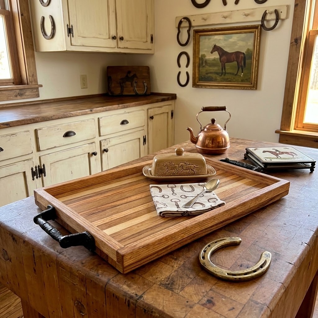 Handcrafted Reclaimed Tobacco Stick Serving Tray with Cast Iron Handles and Raised Edge