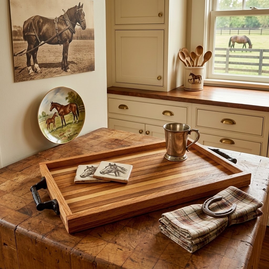 Handcrafted Reclaimed Tobacco Stick Serving Tray with Cast Iron Handles and Raised Edge