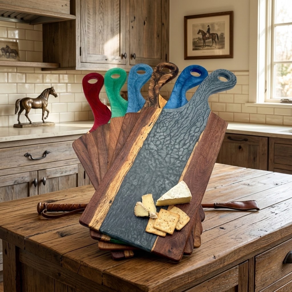 Handcrafted Live-Edge Black Walnut Resin River Charcuterie Board with Paddle Handle
