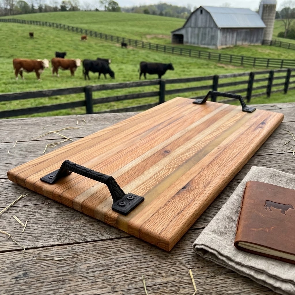 Handcrafted Reclaimed Tobacco Stick Serving Tray or Serving Board with Cast Iron Handles