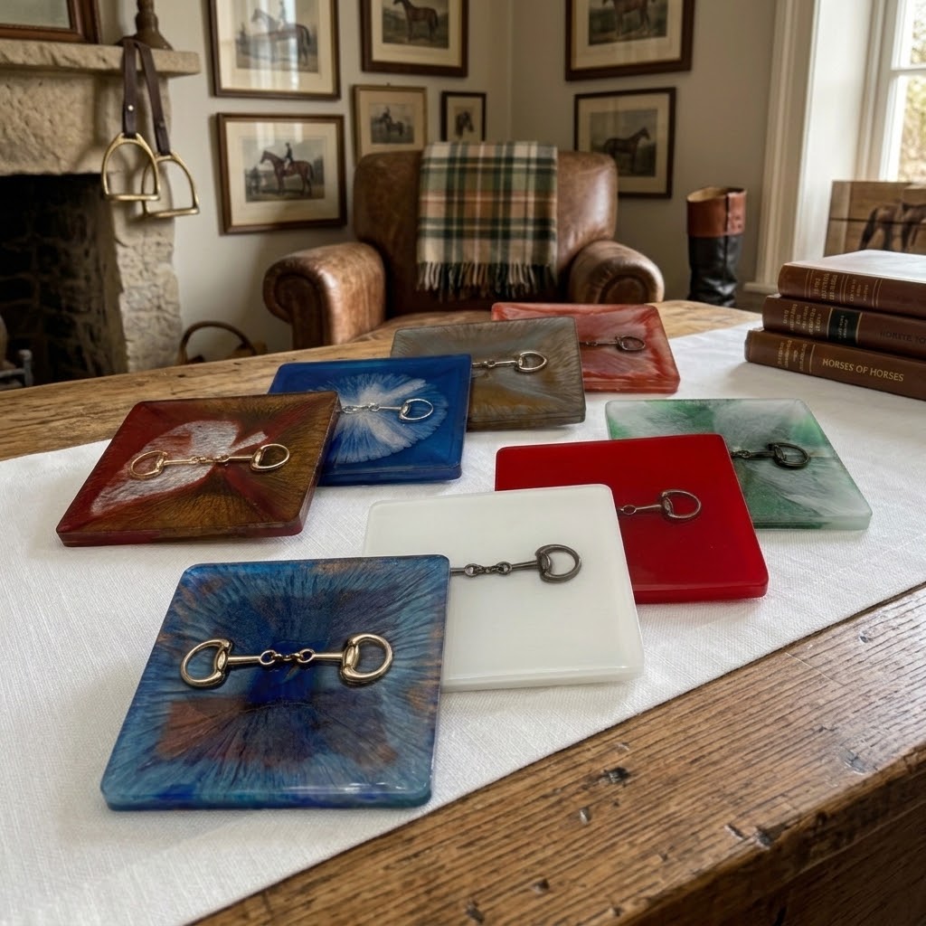 Handcrafted Square Resin Coasters with Bridle Bit (Snaffle Bite) inlay – Set of 4