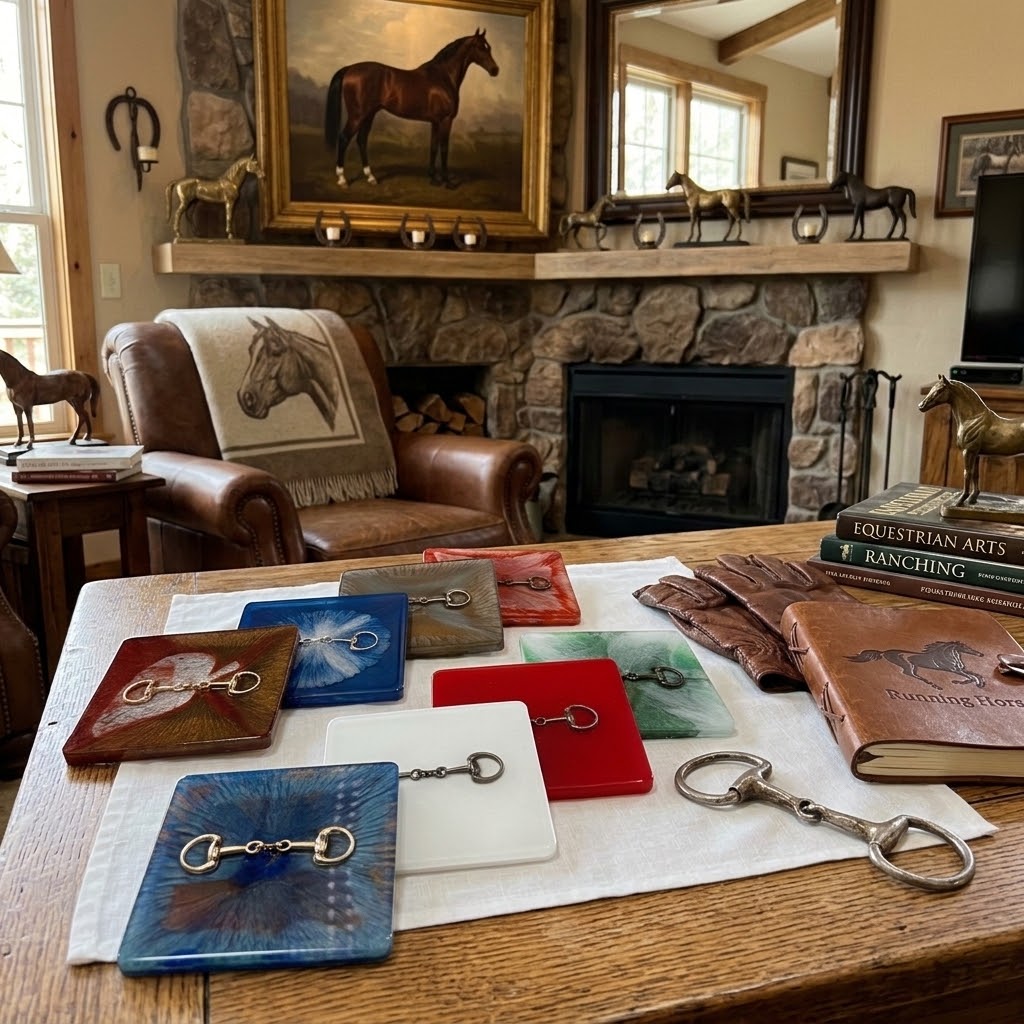 Handcrafted Square Resin Coasters with Bridle Bit (Snaffle Bite) inlay – Set of 4