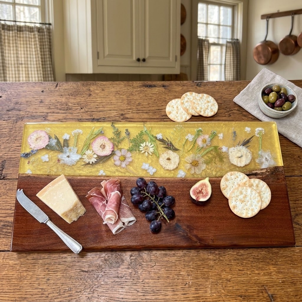 Pressed Flower Live Edge Walnut Resin River Serving Board