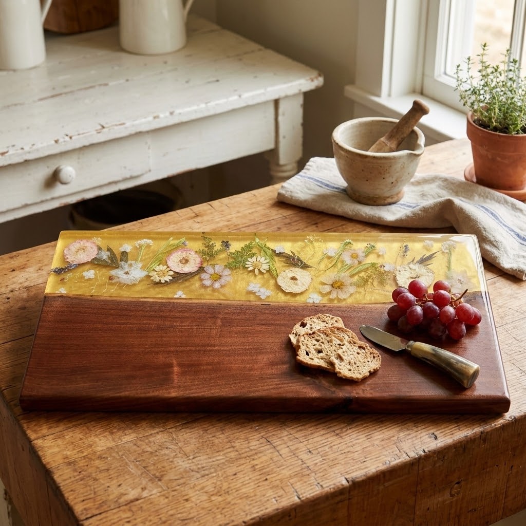 Pressed Flower Live Edge Walnut Resin River Serving Board