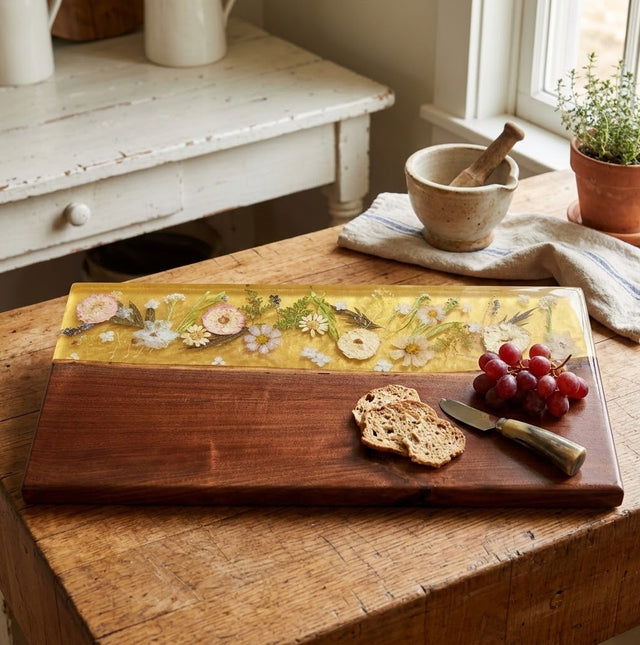 Pressed Flower Live Edge Walnut Resin River Serving Board