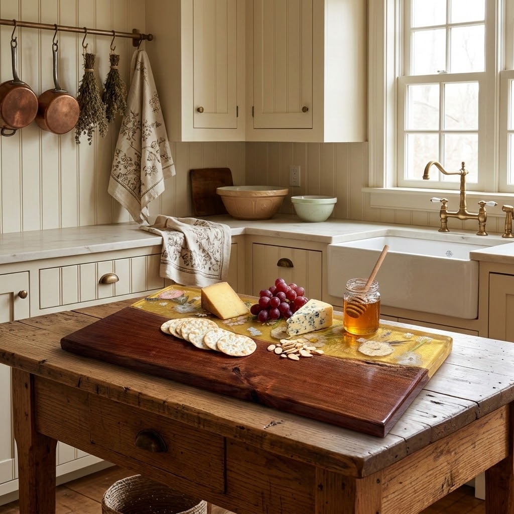 Pressed Flower Live Edge Walnut Resin River Serving Board