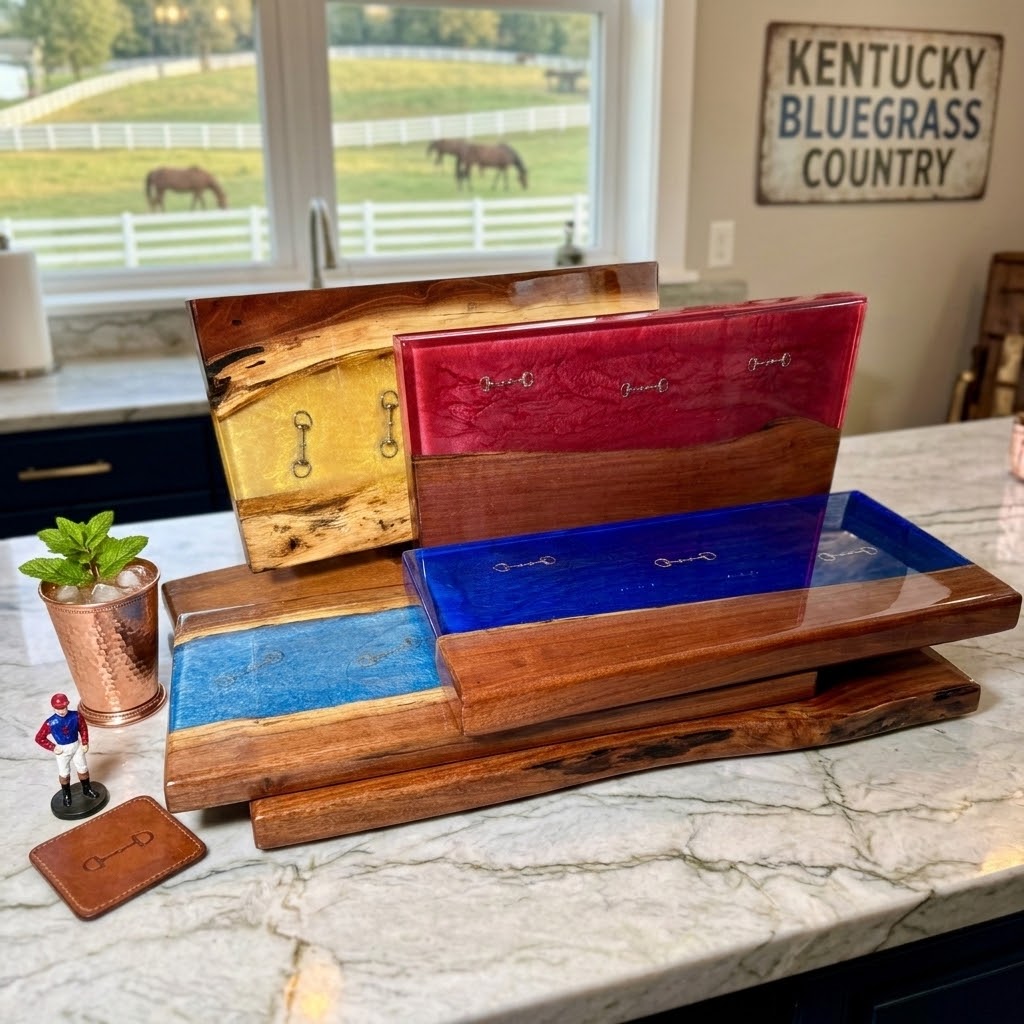 Handcrafted Live-Edge Black Walnut and Epoxy Resin Equestrian Serving Boards