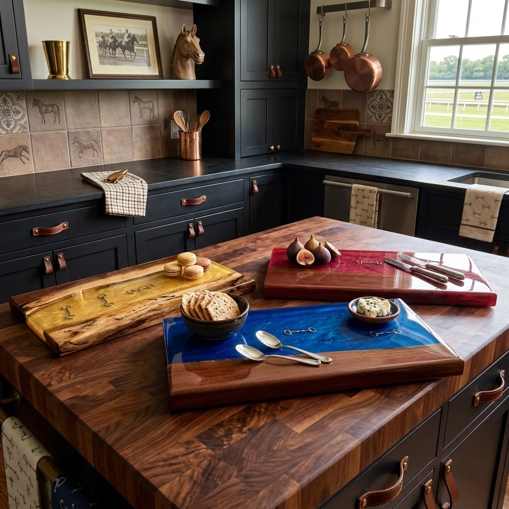 Handcrafted Live-Edge Black Walnut and Epoxy Resin Equestrian Serving Boards