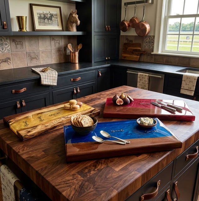Handcrafted Live-Edge Black Walnut and Epoxy Resin Equestrian Serving Boards