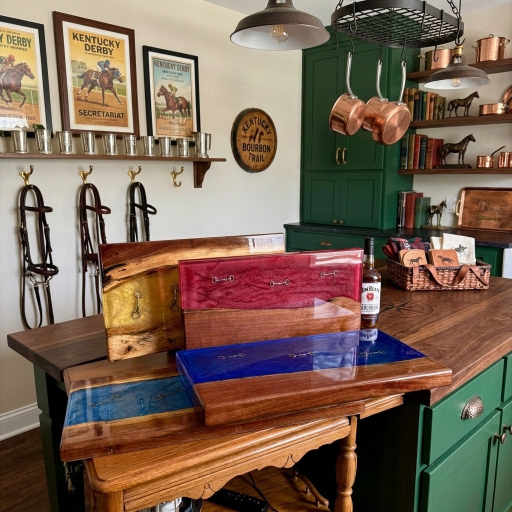 Handcrafted Live-Edge Black Walnut and Epoxy Resin Equestrian Serving Boards